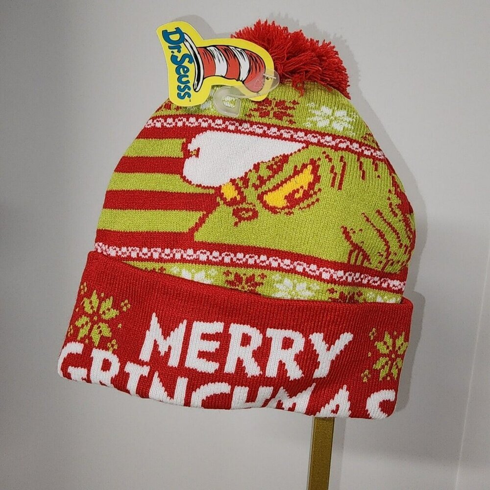 Dr Seuss The Grinch Merry Grinchmas Beanie Hat Red Green Pom Pom Christmas